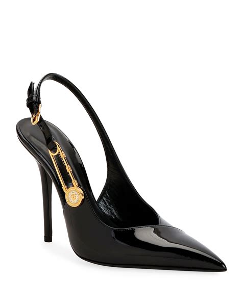 versace silk pumps|Versace safety pin slingback pumps.